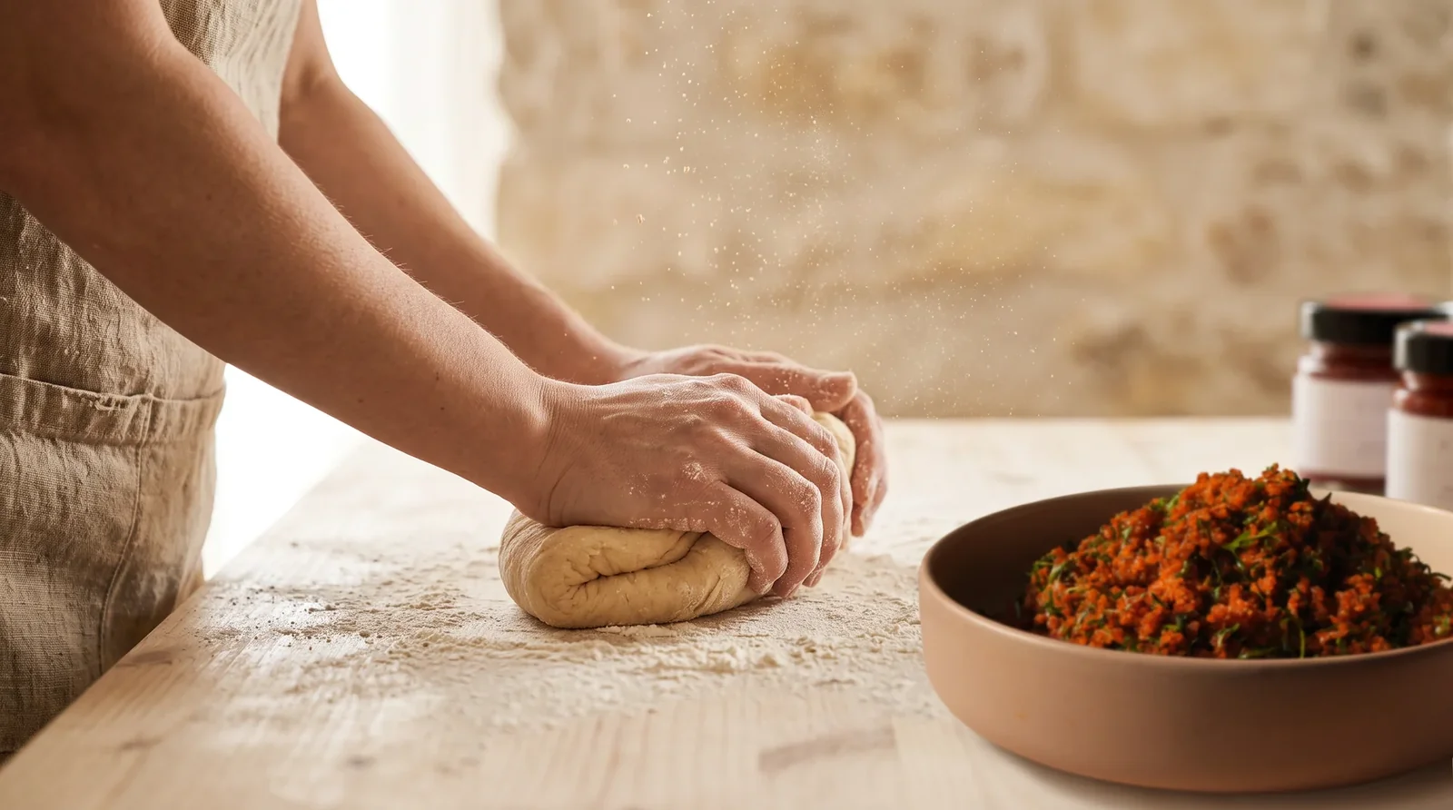 Hands working dough on a flour-dusted wooden table