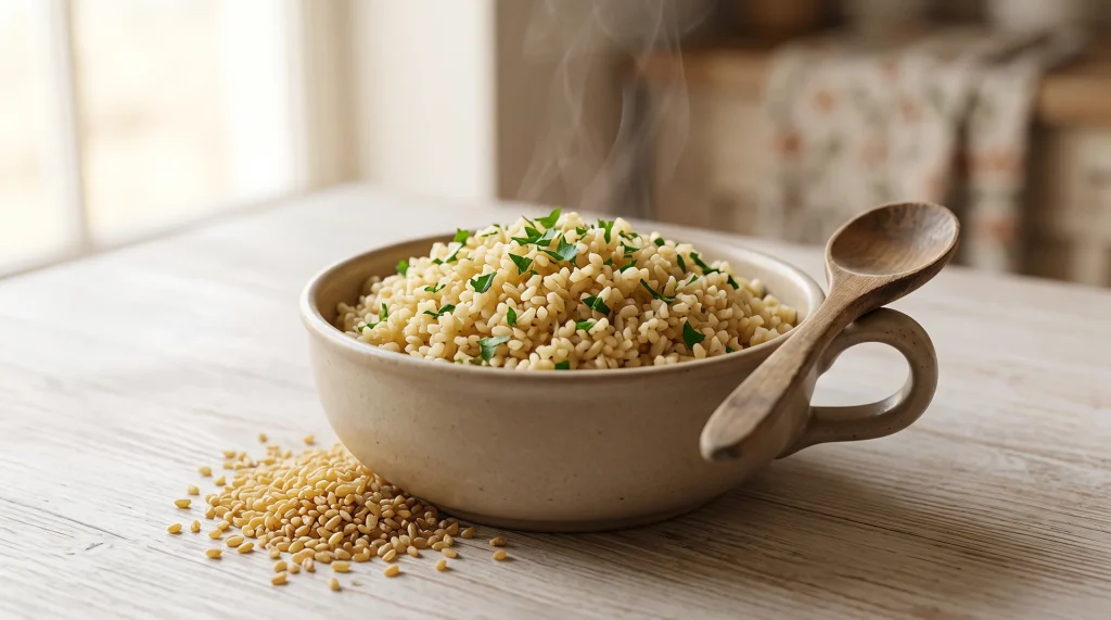 A bowl of coarse bulgur pilaf, grains loose and golden