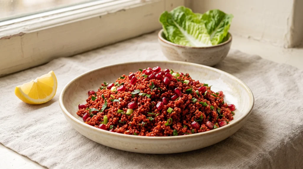 A bowl of kısır, the Turkish fine-bulgur salad, deep red-orange with chopped parsley and scallions
