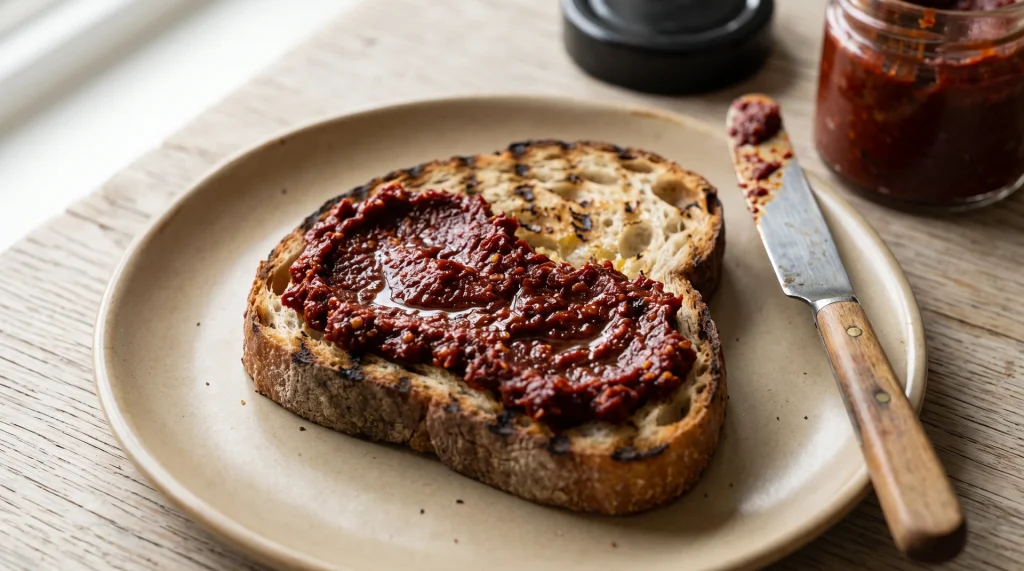 Turkish pepper paste spread on a slice of warm bread, deep brick-red against the crumb